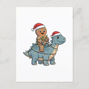 Gingerbread Riding A Dinosaur Santa Christmas Announcement Postcard
