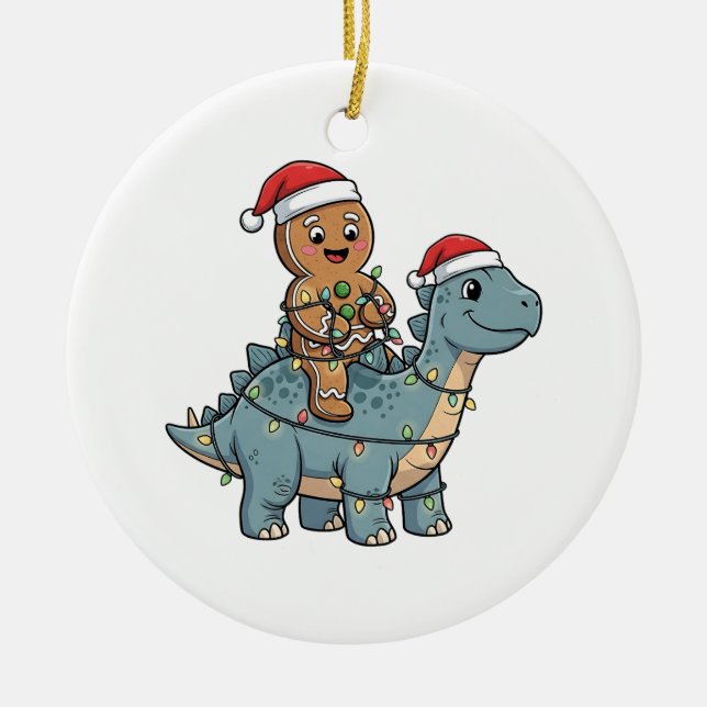 Gingerbread Riding A Dinosaur Santa Christmas Ceramic Ornament (Front)