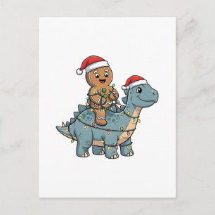 Gingerbread Riding A Dinosaur Santa Christmas Invitation Postcard