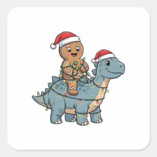 Gingerbread Riding A Dinosaur Santa Christmas Square Sticker