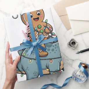 Gingerbread Riding A Dinosaur Santa Christmas Wrapping Paper
