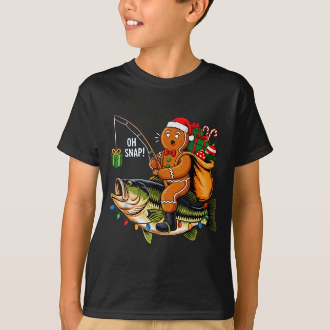 Gingerbread Riding B Fish Christmas Fishing Xmas P T-Shirt (Front)