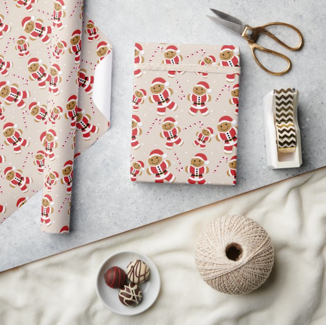 Gingerbread Santa Candy Cane Beige Wrapping Paper (Crafts)