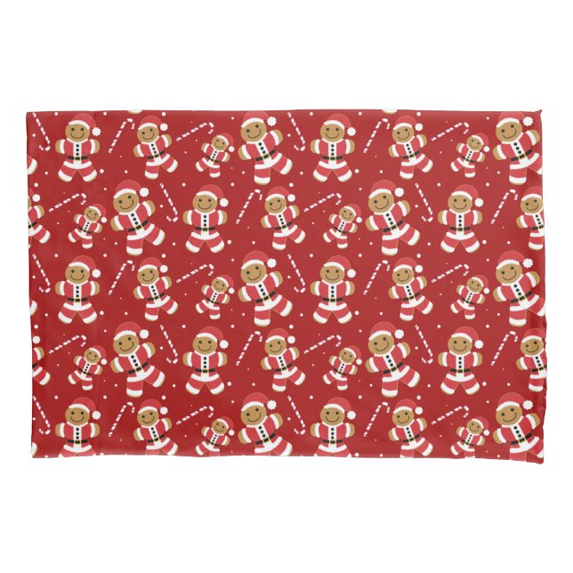 Gingerbread Santa Candy Cane Pattern Red Christmas Pillowcase (Front)