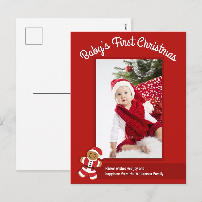 Gingerbread Santa Red Photo Baby First Christmas Holiday Postcard (Front/Back)