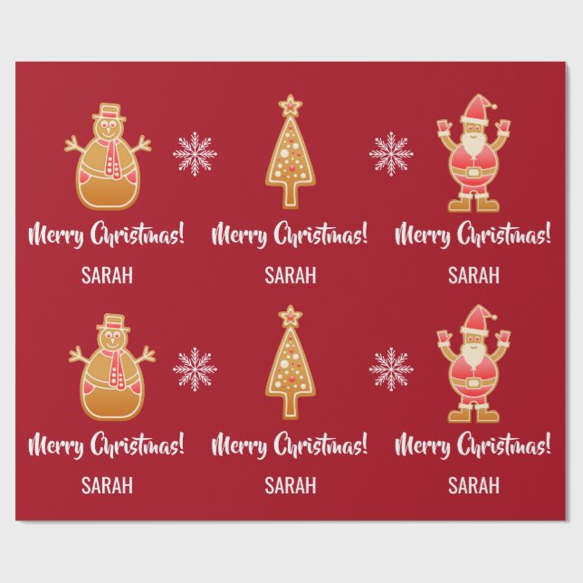 Gingerbread Santa Xmas Tree Snowman Personalize Wrapping Paper (Flat)