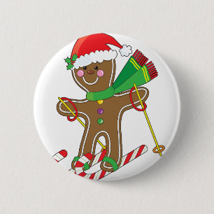 Gingerbread Skier 2 Inch Round Button