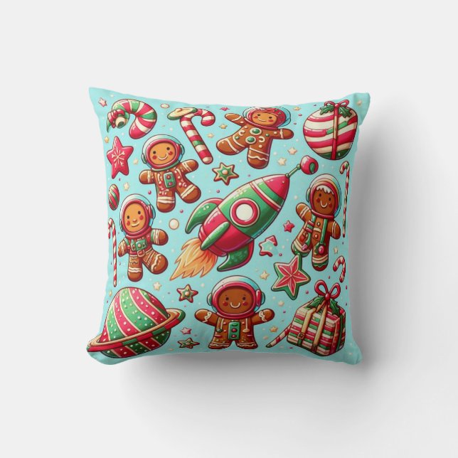 Gingerbread spaceship christmas throw pillow (Front)