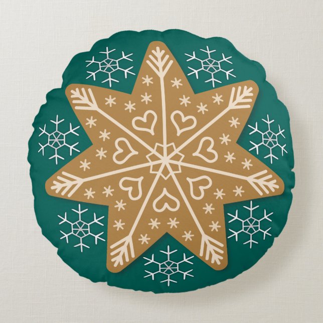 Gingerbread Star and Snowflakes Christmas Round Pillow (Front)