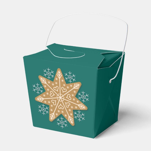 Gingerbread Star and Snowflakes Teal Favor Box (Front Side)