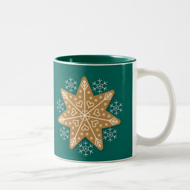 Gingerbread Star and Snowflakes Teal Two-Tone Coffee Mug (Right)