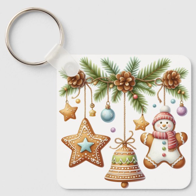 Gingerbread Star, Bell, Snowman Keychain (Front)