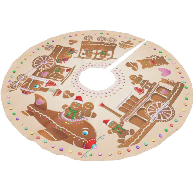 Gingerbread Steam Train, Steamboat, And Airplane Brushed Polyester Tree Skirt (Angled)