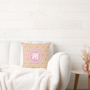 Gingerbread & Sugarplum Pink Monogram Pattern Throw Pillow