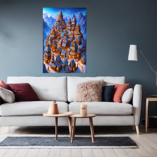 Gingerbread town in winter mountain AI Art Poster