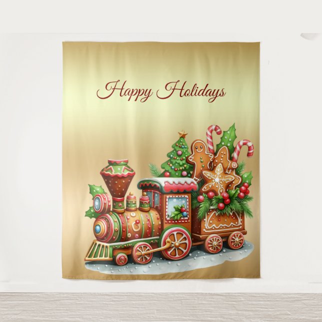 Gingerbread Train Holiday Backdrop Tapestry (Front)