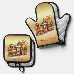 Gingerbread Train Holiday Oven Mitt & Pot Holder Set