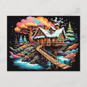 Gingerbread treehouse above stream christmas  holiday postcard