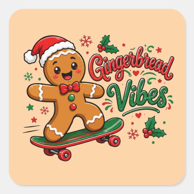 Gingerbread Vibes Skateboard Christmas Square Sticker (Front)