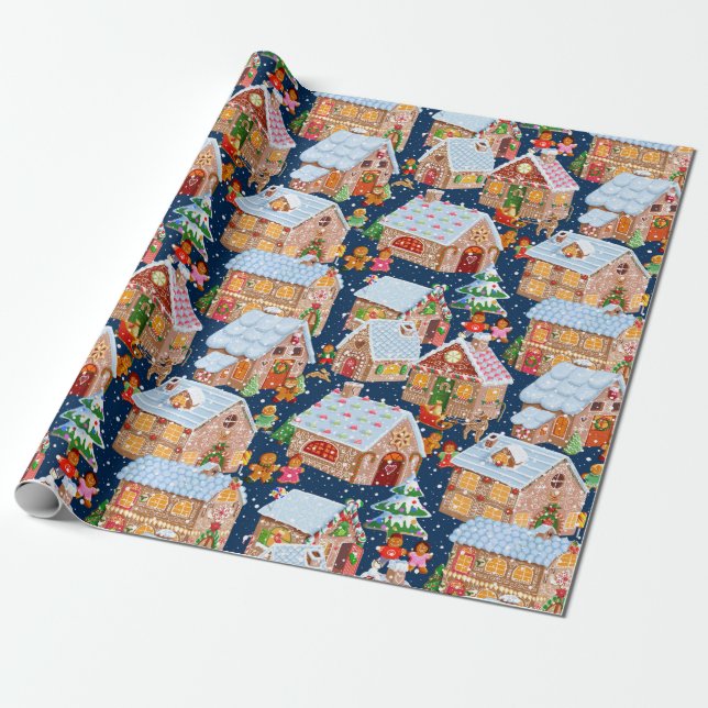 Gingerbread Village (blue) Wrapping Paper (Unrolled)
