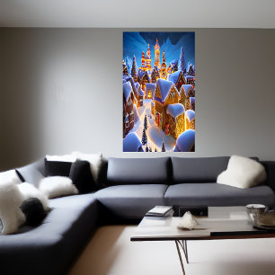 Gingerbread village in the snow AI Art Poster