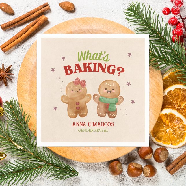 Gingerbread What's baking Christmas Gender Reveal Napkin (What's baking - gingerbread cookies Christmas gender reveal party)