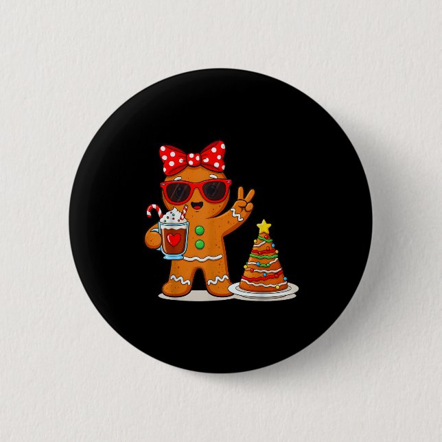 Gingerbread Women Drinking Coffee Christmas Tree C 2 Inch Round Button (Front)