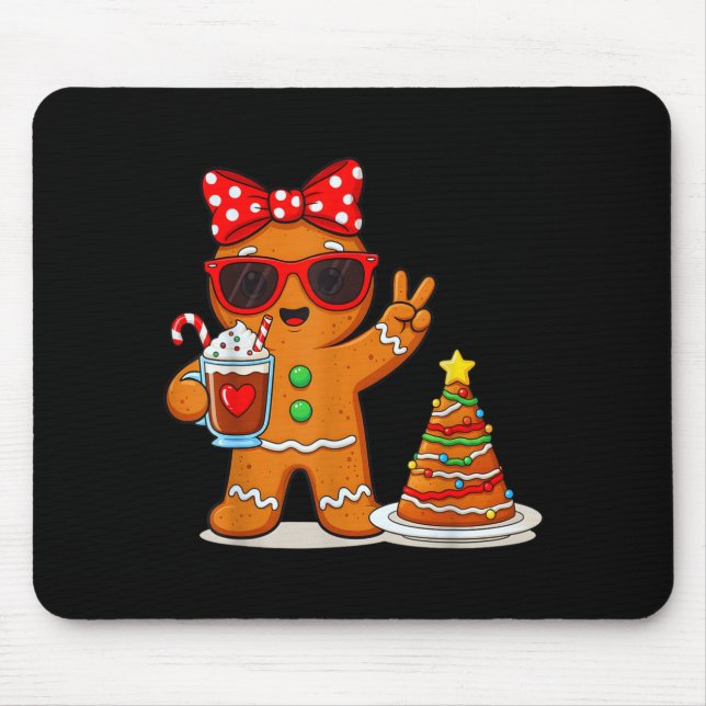 Gingerbread Women Drinking Coffee Christmas Tree C Mouse Pad (Front)