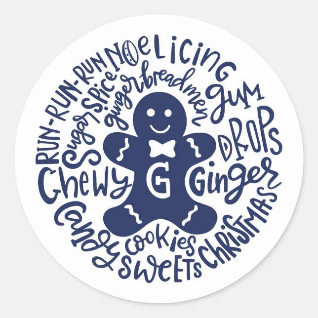 Gingerman Christmas Winter Candy Typography BLUE Classic Round Sticker (Front)