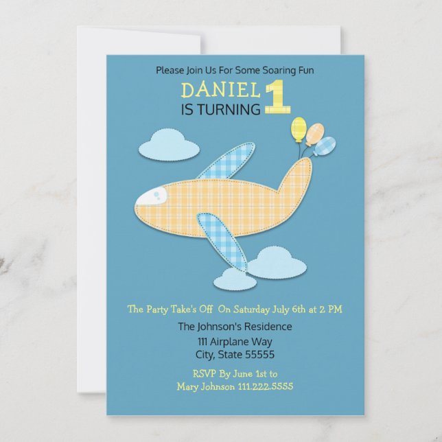 Gingham Airplane and Balloons First Birthday Invitation (Front)