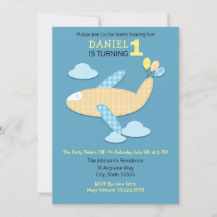 Gingham Airplane and Balloons First Birthday Invitation