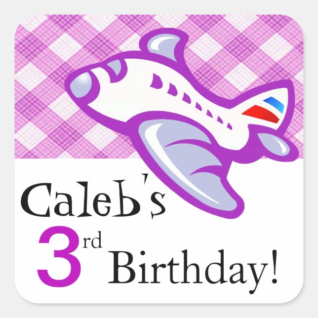 Gingham Airplane Birthday Party Favour | lilac Square Sticker (Front)