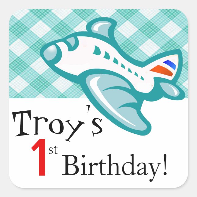 Gingham Airplane Birthday Party Favour | mint aqua Square Sticker (Front)