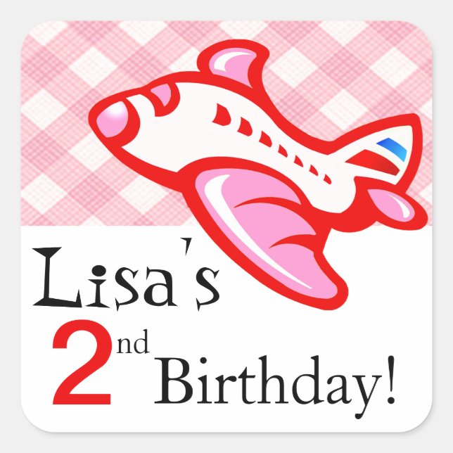 Gingham Airplane Birthday Party Favour | pink red Square Sticker (Front)