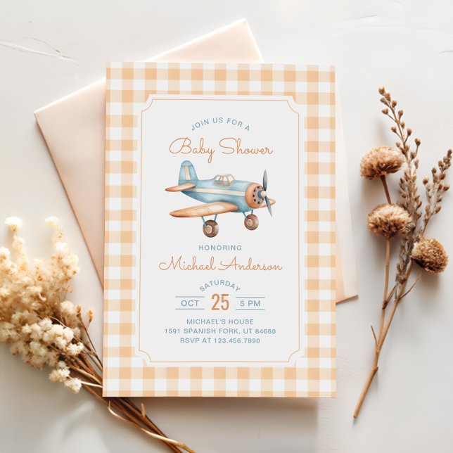 Gingham Airplane Boy Baby Shower Invitation (Creator Uploaded)