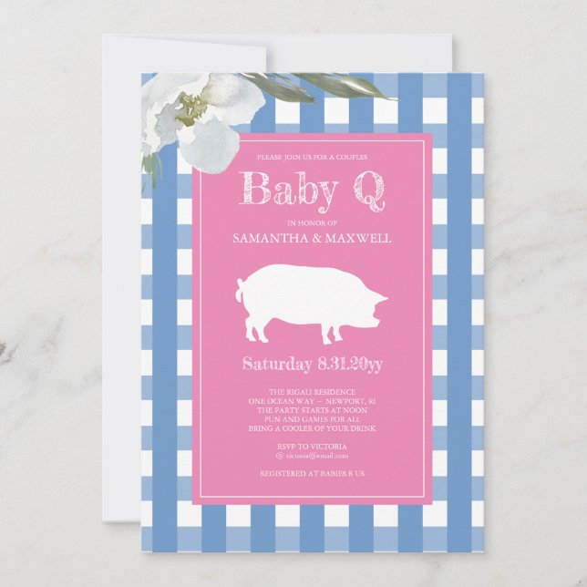 Gingham and Pig Baby Q Baby Shower Invitation (Front)