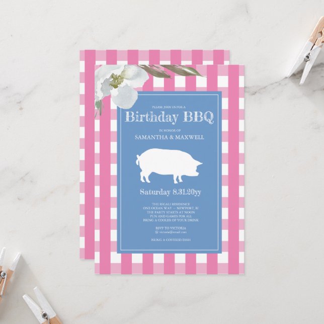 Gingham and Pig Pink Birthday Invitation (Front/Back In Situ)