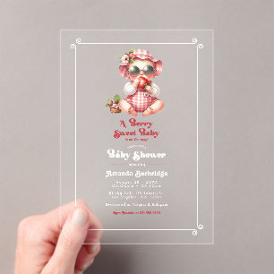 Gingham and Strawberry Berry Sweet Baby Shower Acrylic Invitations