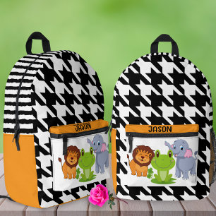 Gingham Animal Custom Name Left-Handed Kids School Printed Backpack