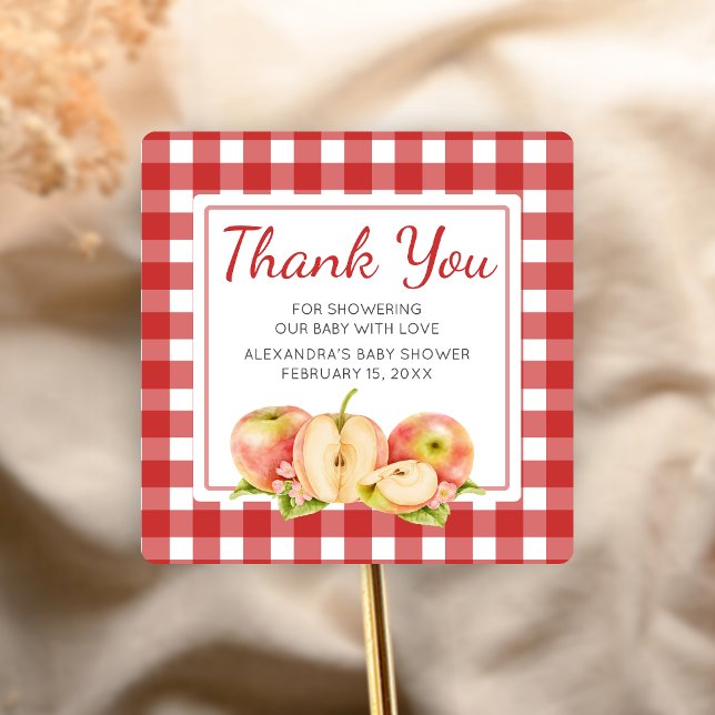 Gingham Apple of Our Eye Baby Shower Square Sticker (Apple Baby Shower Sticker)