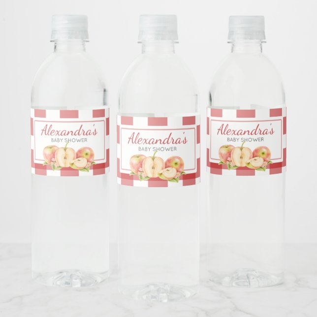 Gingham Apple of Our Eye Baby Shower Water Bottle Label (Bottles)
