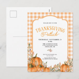 Gingham Autumn Pumpkins Thanksgiving Potluck Holiday Postcard