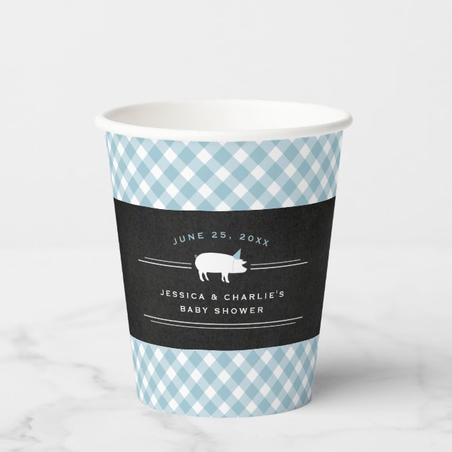 Gingham Baby BBQ Blue Co-ed Baby Shower Paper Cups (Front)
