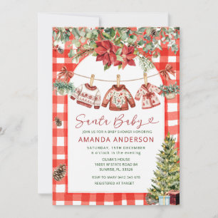 Gingham Baby Christmas Clotheslin Baby Shower Invitation