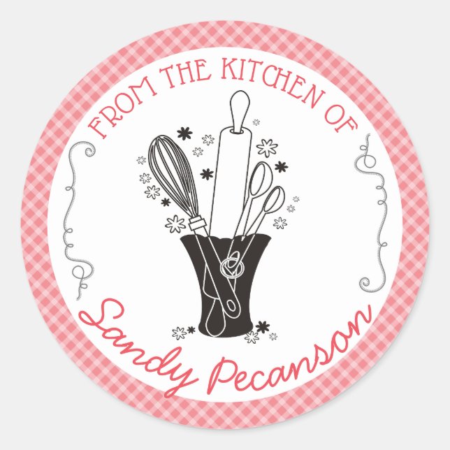 Gingham baking utensils vase from the kitchen of classic round sticker (Front)