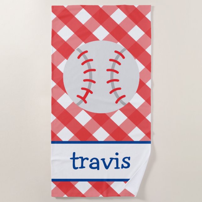 Gingham Baseball Personalized Beach Towel (Front)