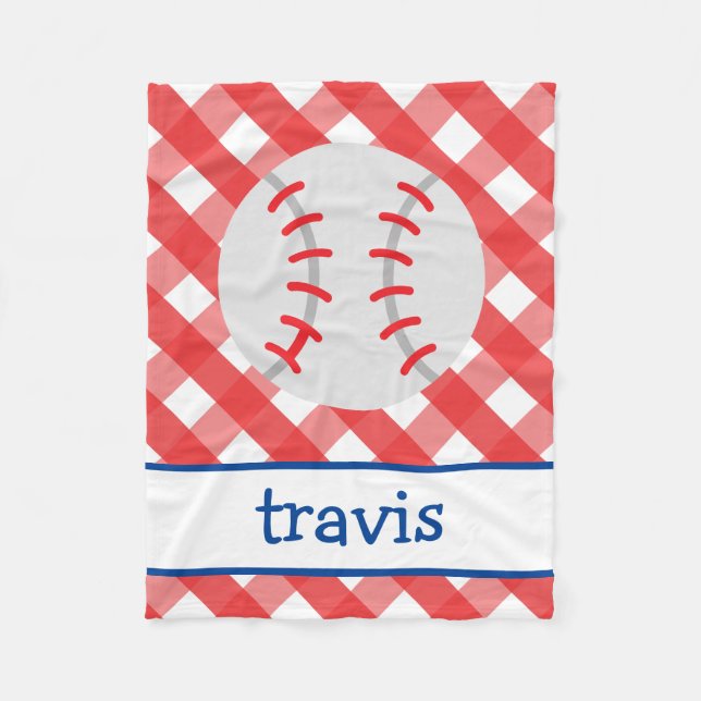 Gingham Baseball Personalized Fleece Blanket (Front)