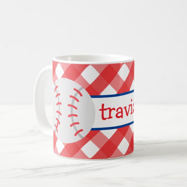 Gingham Baseball Personalized Mug (Front Left)
