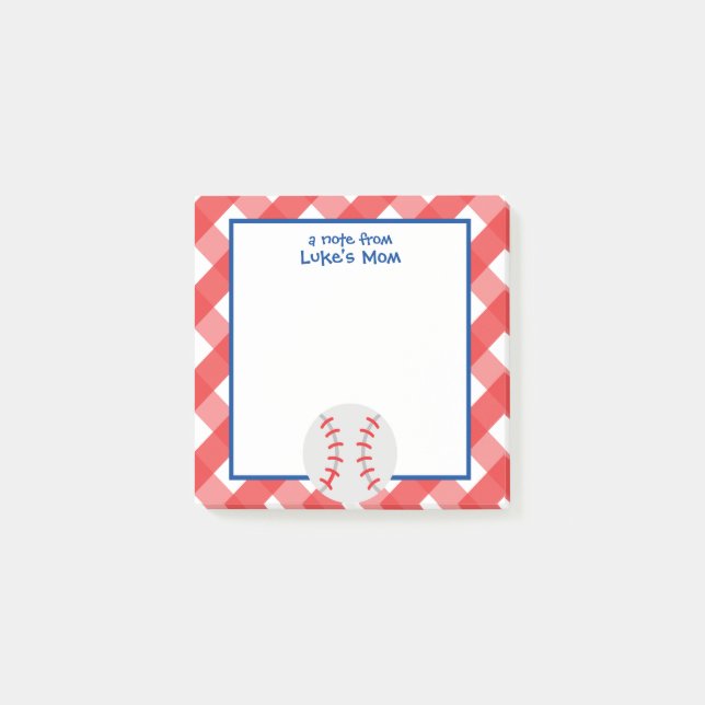 Gingham Baseball Personalized Post-it Notepad (Front)