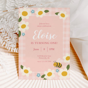 Gingham Bee & Daisies Birthday Invitation